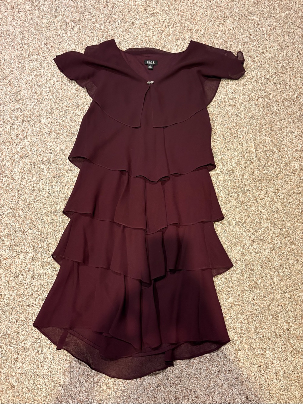 SLNY Burgundy Layered Chiffon Midi Dress